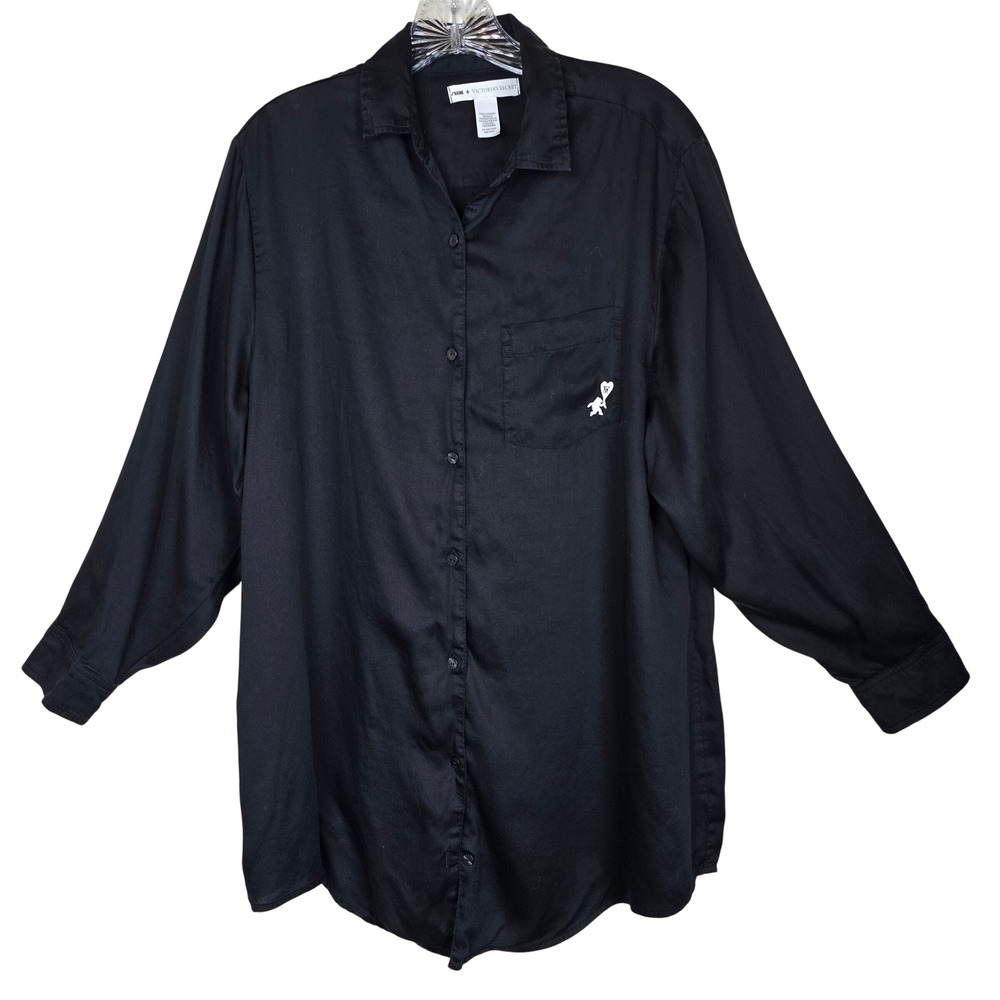 Naomi x Victoria's Secret Boyfriend Night Shirt Black Button Front Sleepwear XS